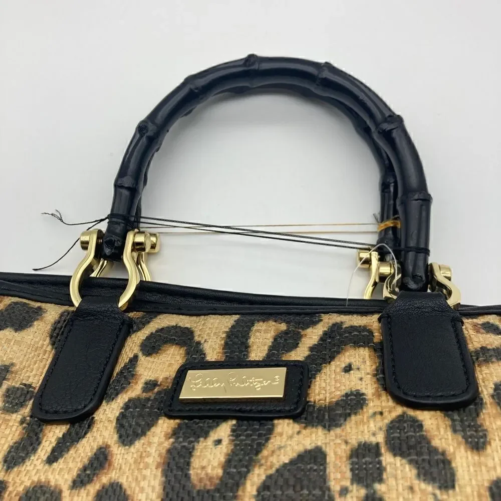 NWT Lilly Pulitzer Leopard Print Rattan Tote with Bamboo Handle